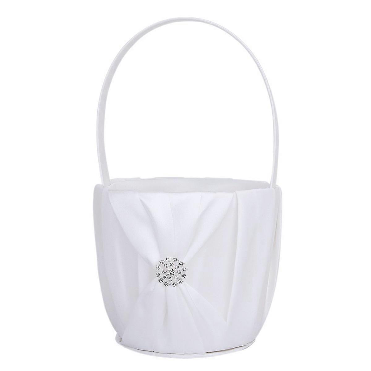Decorative Basket Wedding Supply White Satin Rhinestone Round 1Set