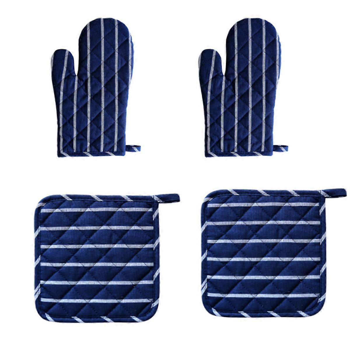 Heat Resistant Cotton Linen Kitchen Mitts with Striped Pattern, Non Slip Oven Gloves for Cooking, Baking, and BBQ, One Size Fits All, Dark Blue