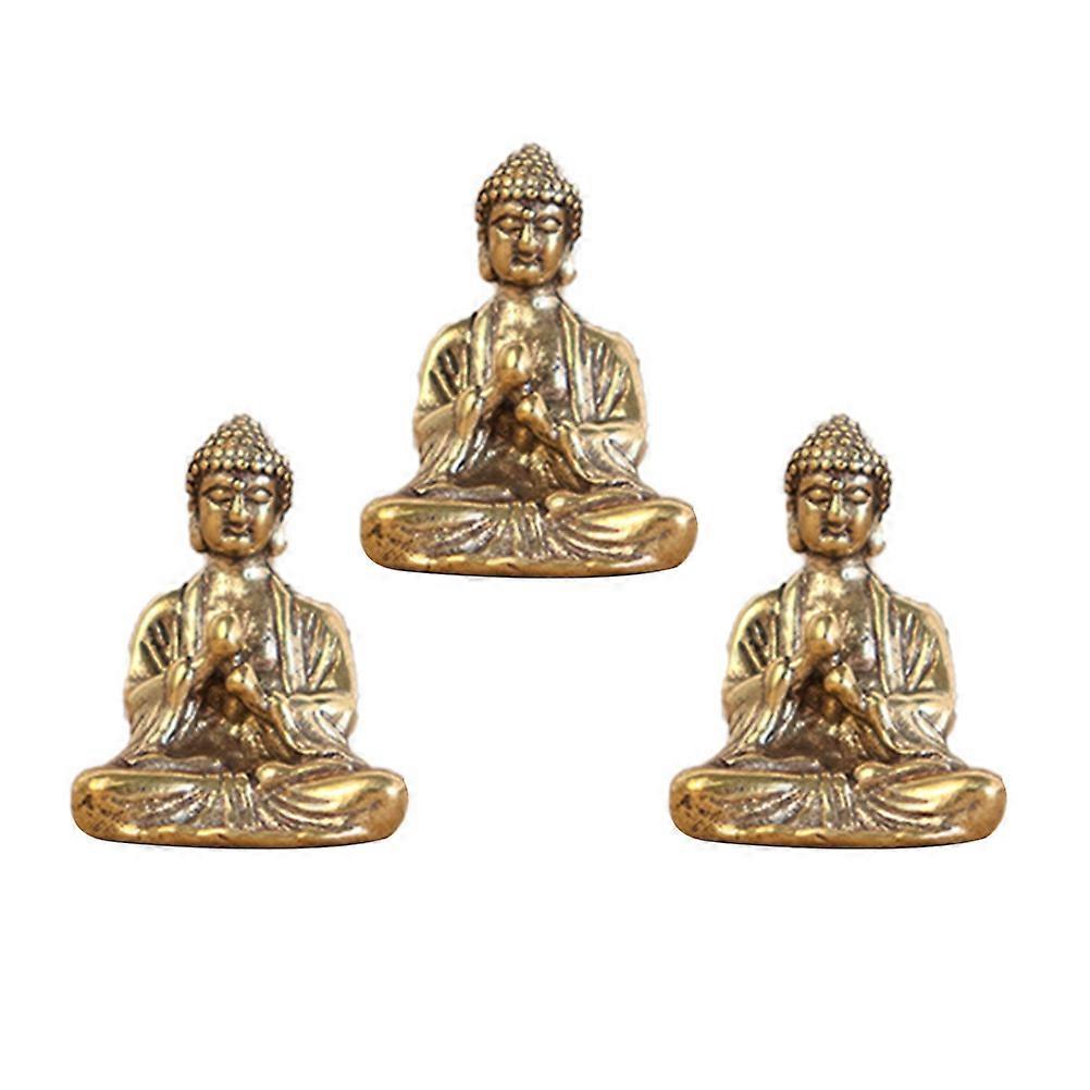 Retro Style Shakyamuni Buddha Statue for Decoration Made of Copper Golden Color 3 Pieces Small Size