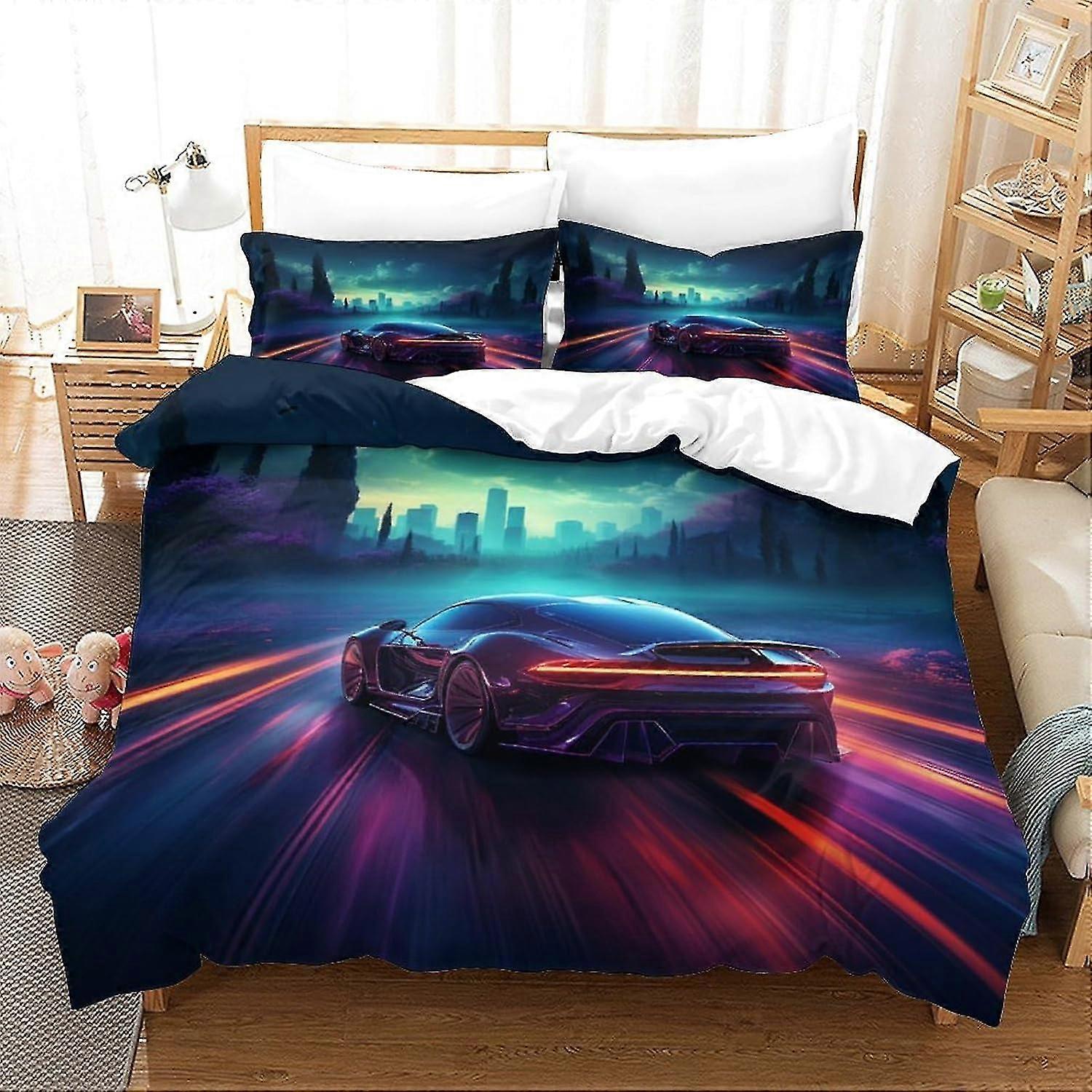 Conjunto de capa de edredão de corrida de carros para roupas de cama para crianças em design neon com fronhas