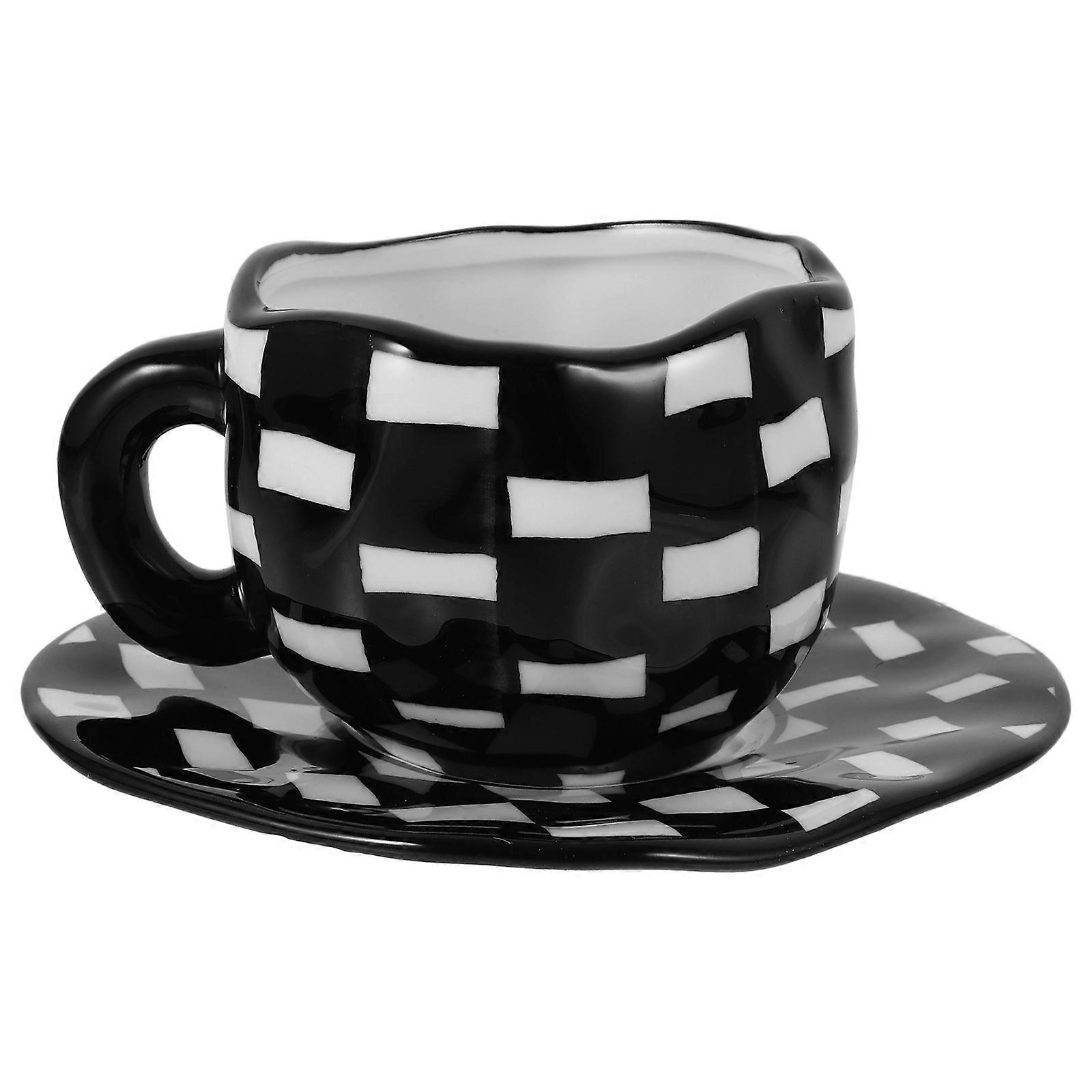 Coffee Mug with Saucer Retro Hand-painted Design for Afternoon Tea Black 1Set