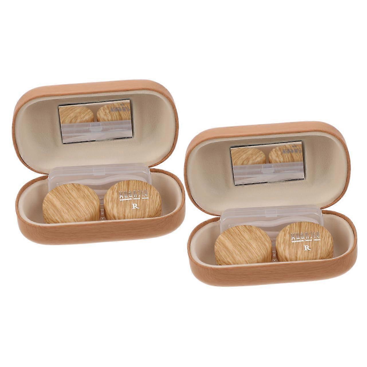 Coloured Contact Lenses Storage Box Set with Leather Lining and Plastic Outer Packaging, Light Brown Color, for Glasses
