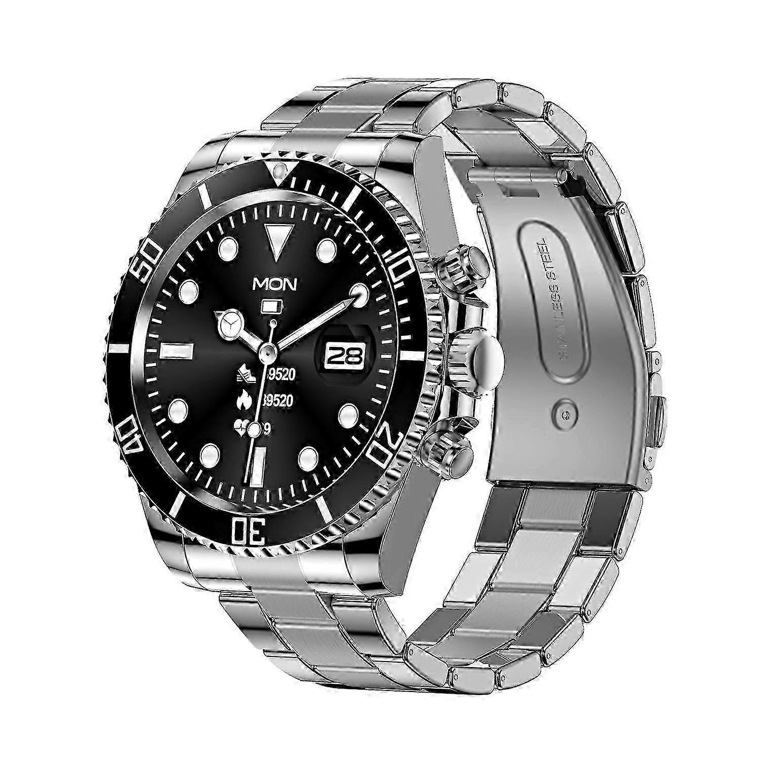 AW12 Orologio intelligente in acciaio inossidabile 1,28 \' IPS Schermo full-touch BT Call Luce notturna rotante Chronograp-1-Nero
