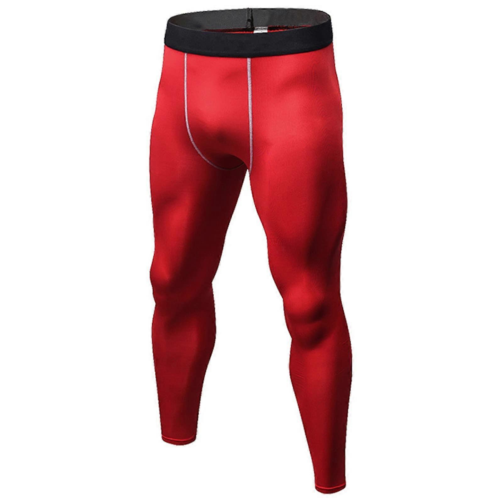 Men's Compression Running Tights Long Elastic Sports Leggings for Jogging Training Red M