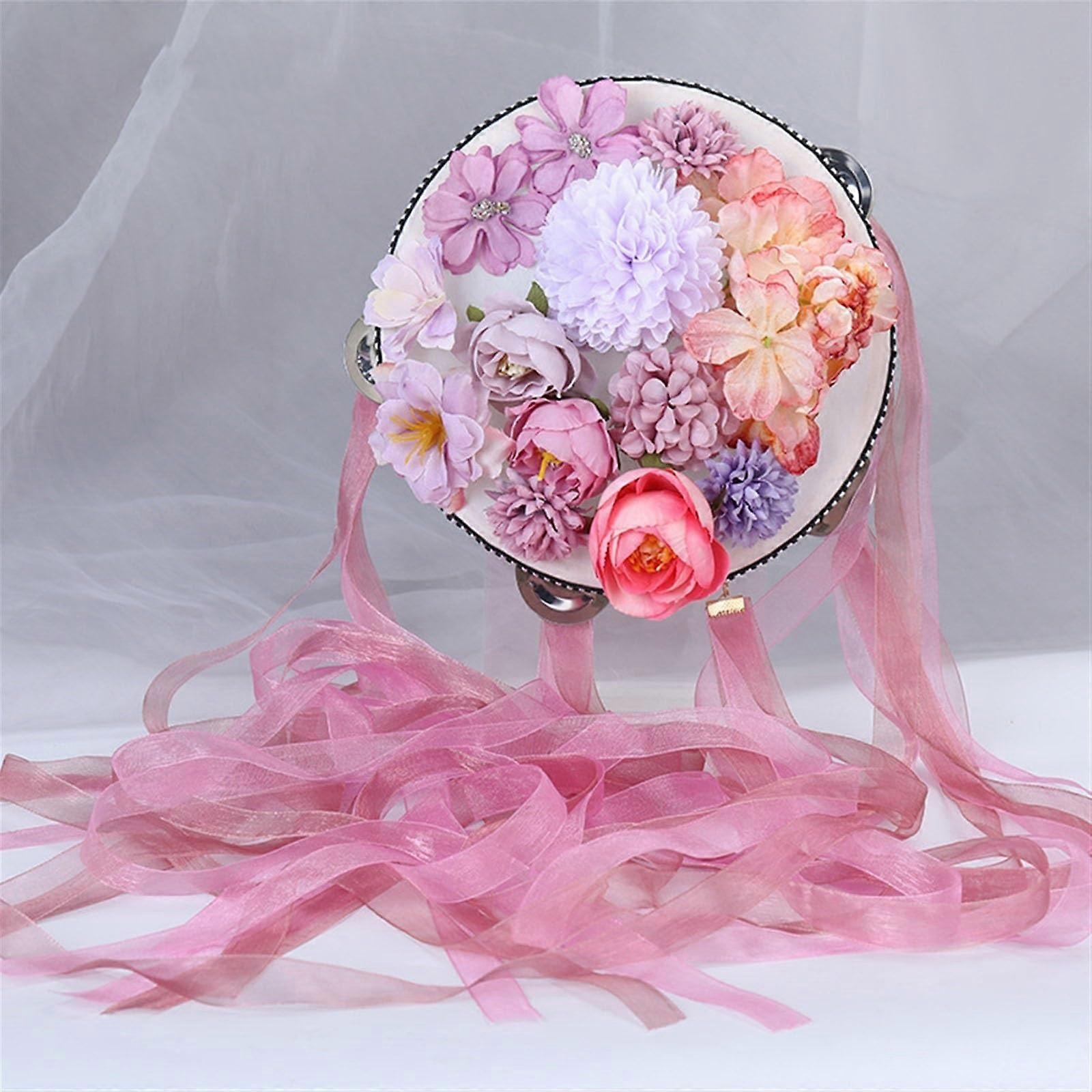 Colorful Flowers Tambourine with Ribbons Musical Instrument Single Row Chime Drum Hand Drum for Church, Dance, Party, KTV (Color: I)