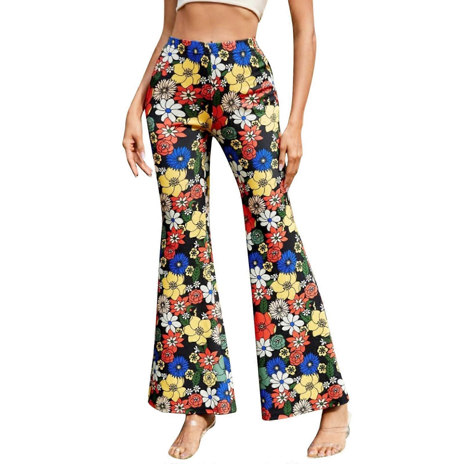 Damen Schlaghose 70er Oversize High Waist Blumen Palazzo Hose Große Größe L - Weite Yogahose für Hippie Kostüm Disco Outfit A01blau
