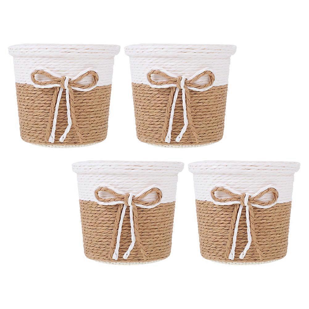 4pcs Stylish Round Planting Baskets Durable Paper String Weaving Flower Pots for Home Office Decoration