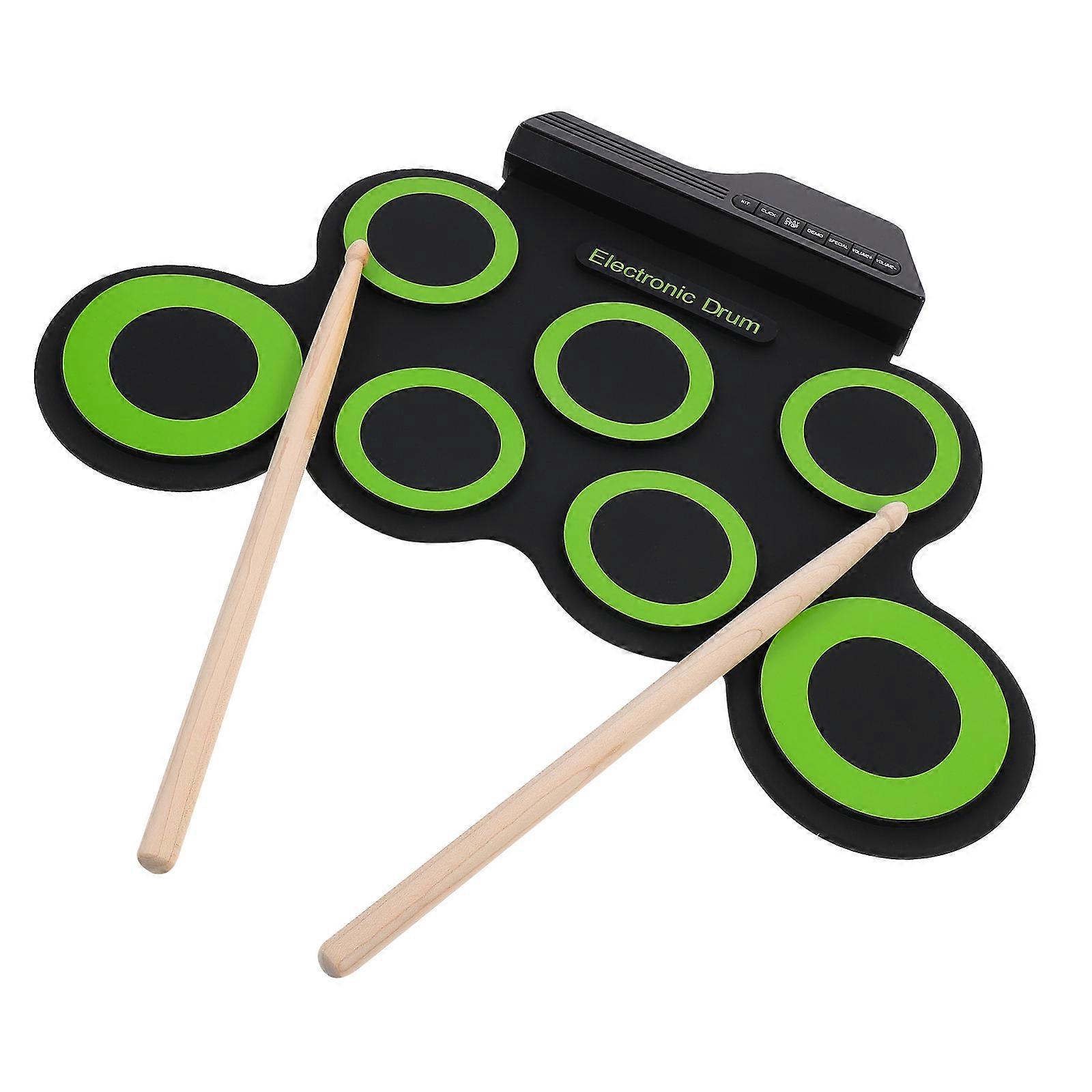 Green Compact Portable USB Electronic Drum Set for Kids with Realistic Sound Quality Effects and