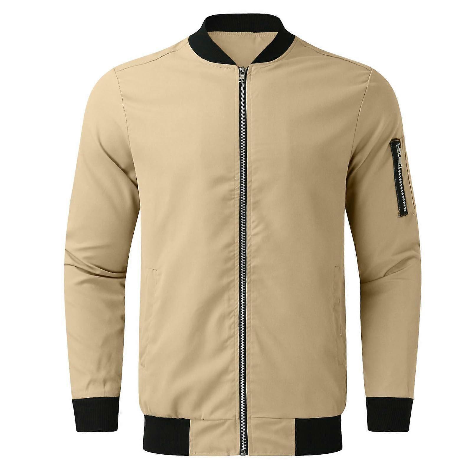 Men's Lightweight Bomber Jacket Sweatshirt Winter Windbreaker Blouson Transition ZipUp Casual College Jacket with Pockets, Khaki, Size M