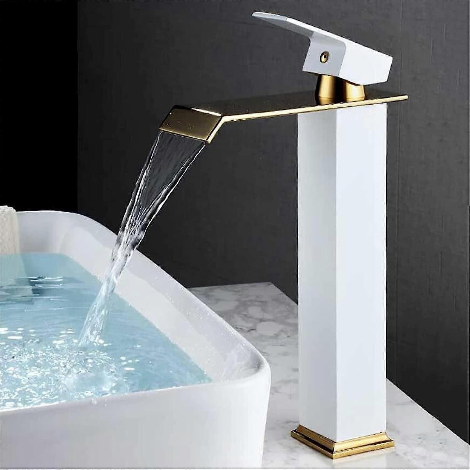 Waterfall basin faucet, stainless steel basin faucet, hot and cold water, waterfall singlelever basin faucet tall, white gold