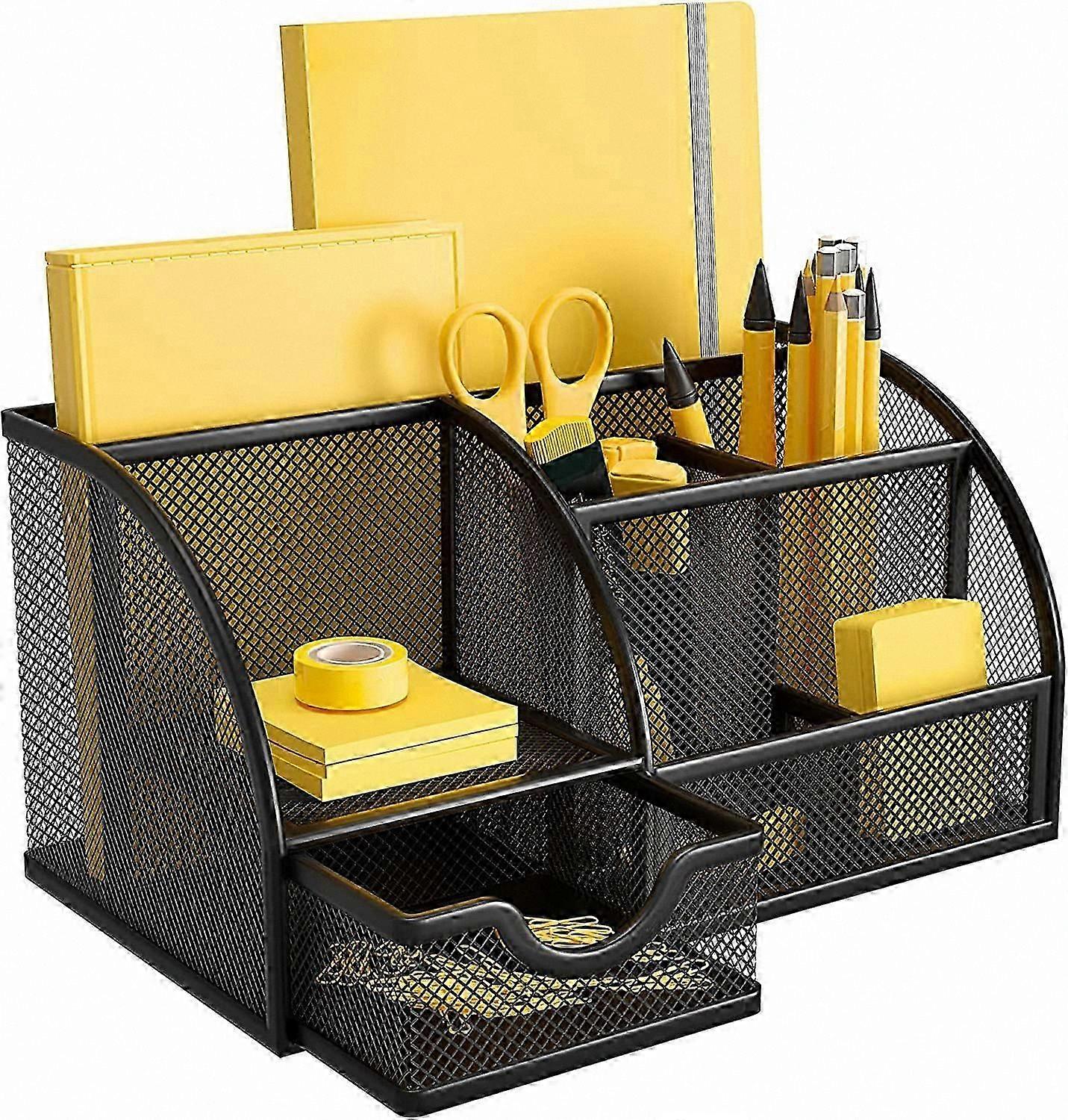 Mesh Desk Organizer with 6 Compartments and Drawer, Pen Holder for Office and Home Stationery Storage