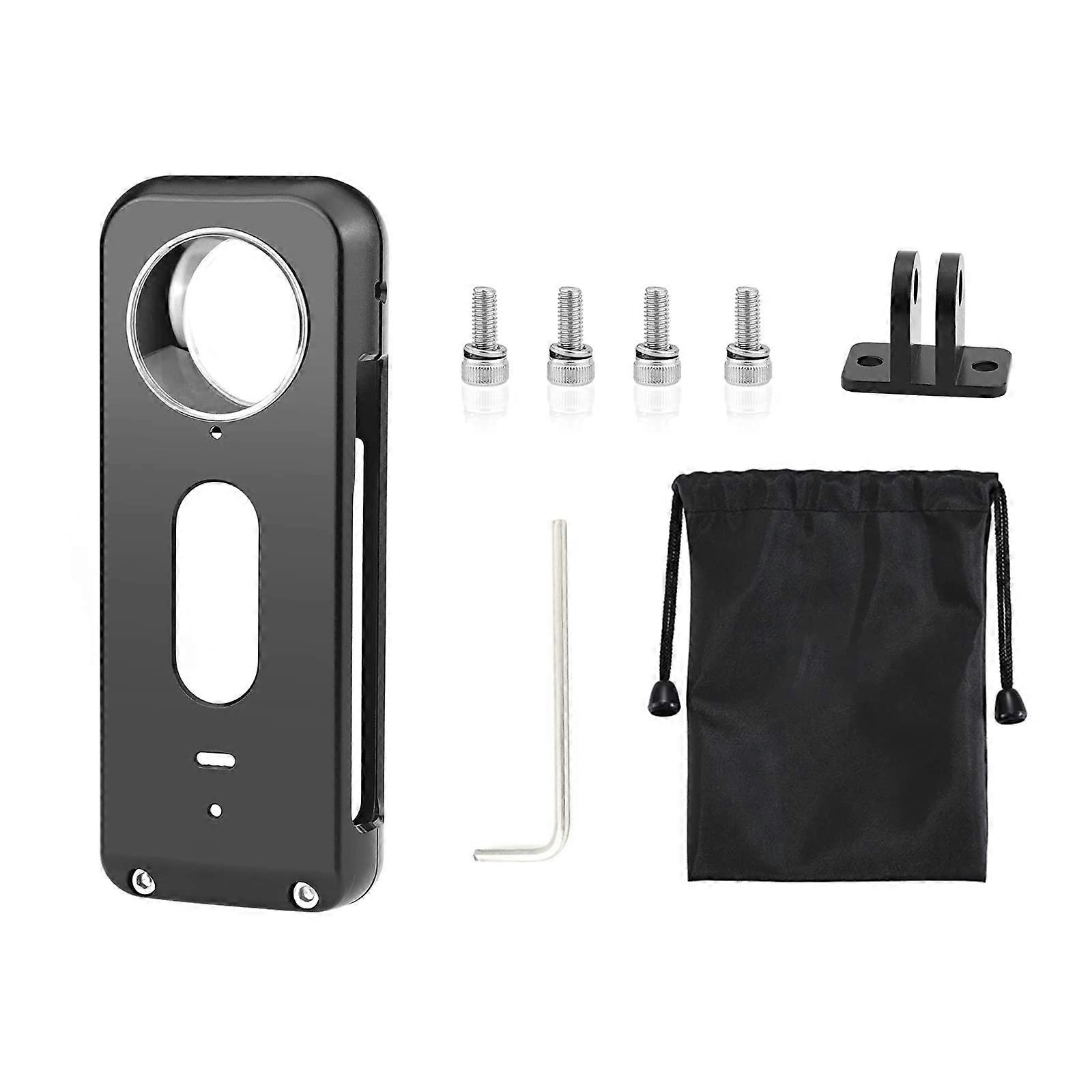 Aluminum alloy protective housing with lens cover and dock adapter, compatible with 360degree action cameras.