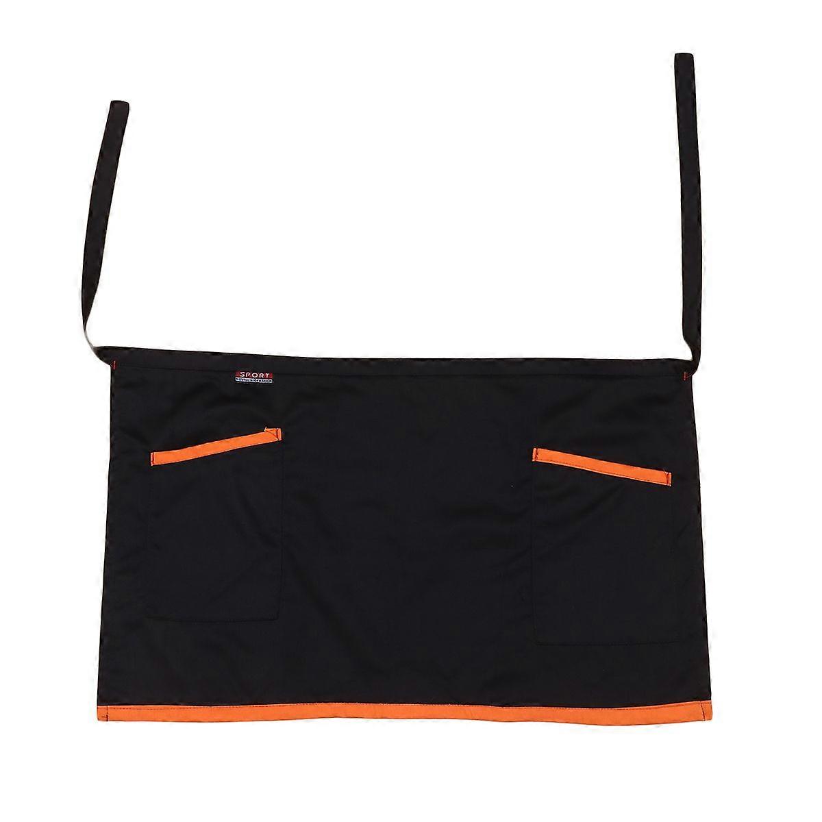 Unisex Half-length Working Apron Waist Apron Short Serving Aprons with Pockets Waiter Workwear Free Size(Black and Orange Rim)