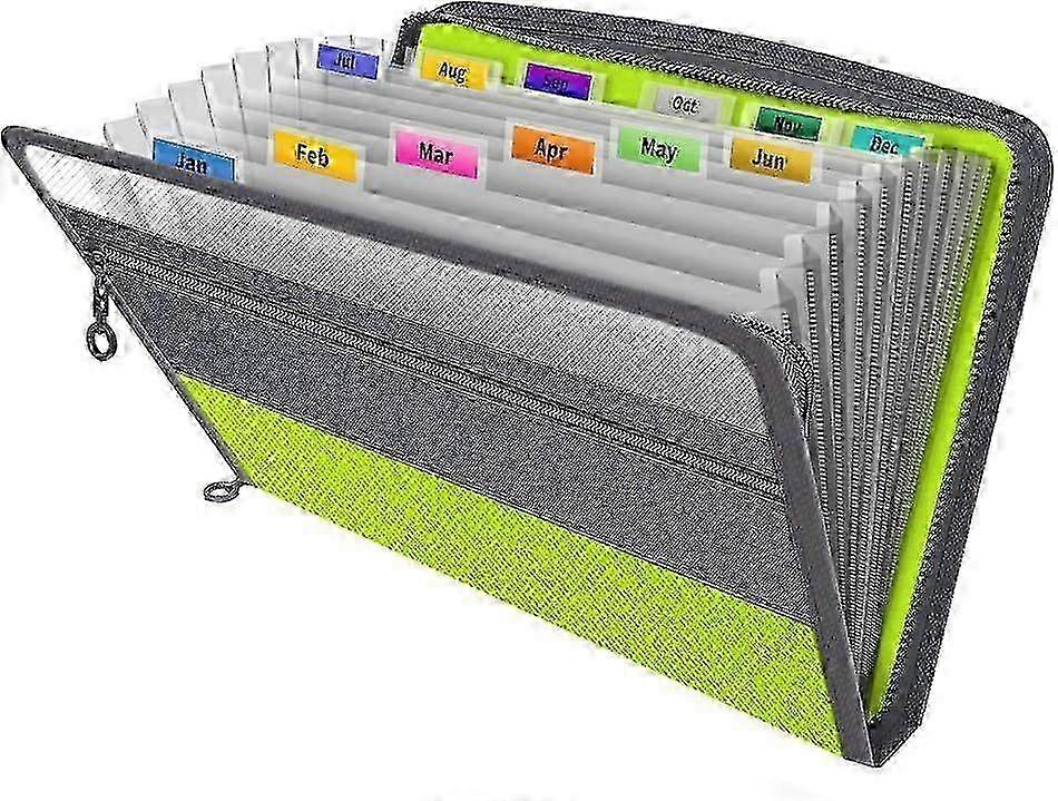 1PCS Green Expanding File Organizer with 13 Pockets, Zip Closure Document Folder for Office & School Supplies