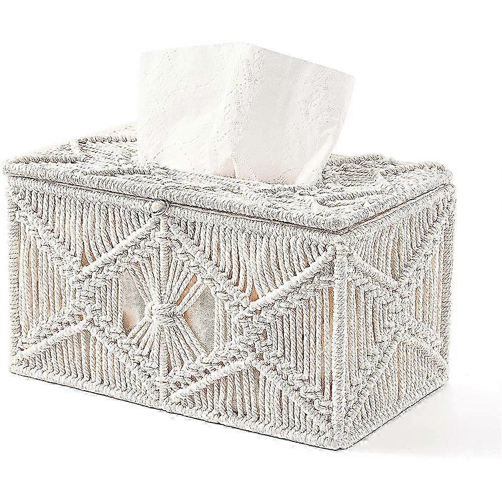 Tissue Box Cover Boho Decor Rectangular Paper Tissue Holder with Bead Buckle Macrame Napkin Tissues Organizer Home Decor
