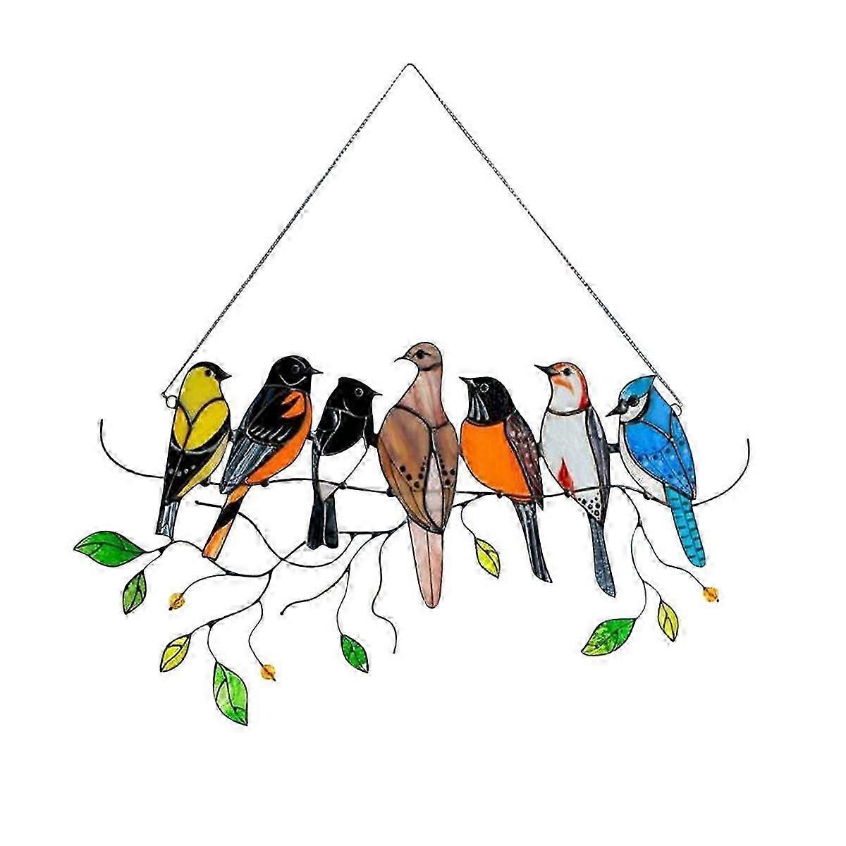 Multicolor Birds on A Wire High Stained Garden Suncatcher Birds Ornaments Hanger on A Branch Suncat