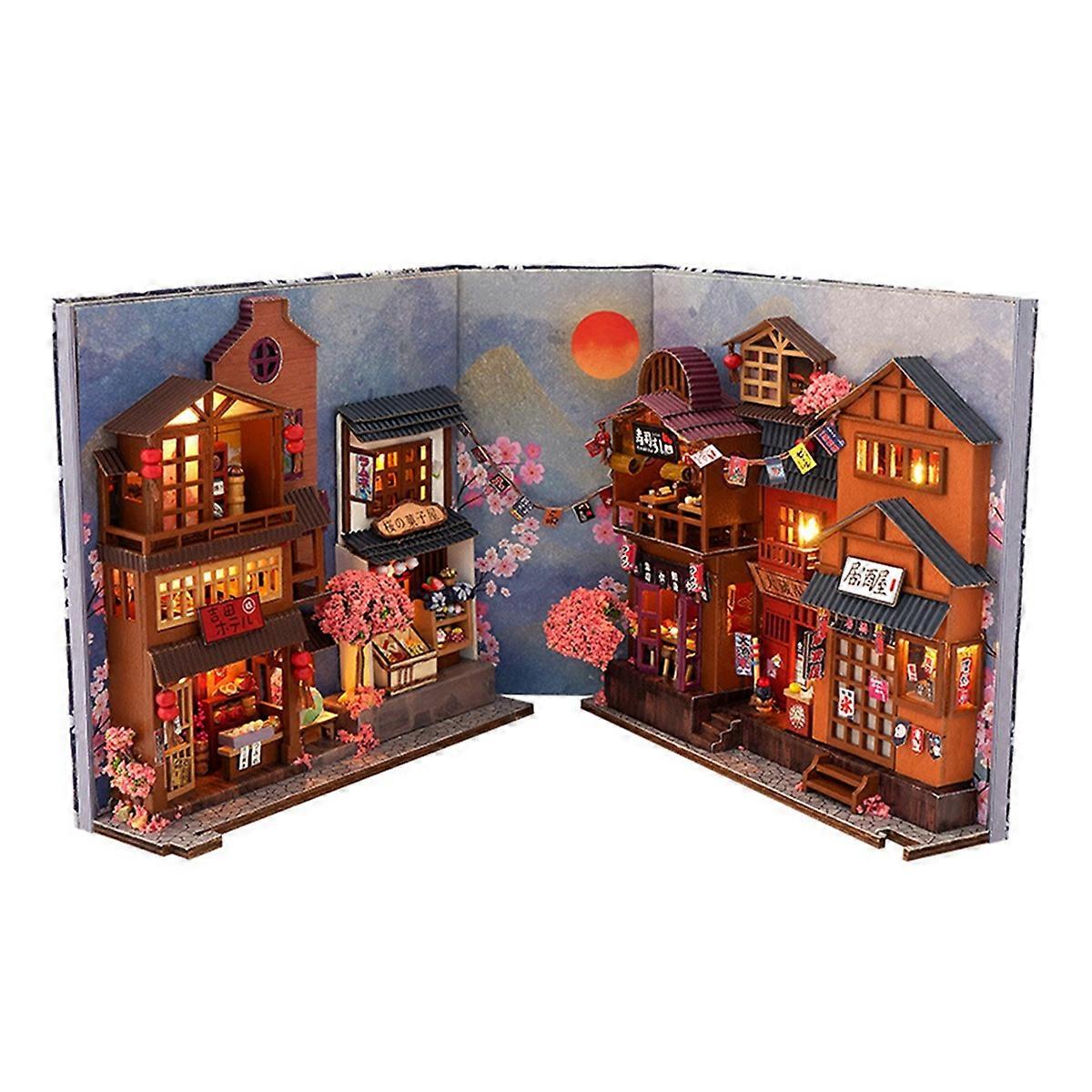 3D Wooden Book Stand Kit, Japanese Tavern Style with LED Light, DIY Miniature Book Nook, Multicolor