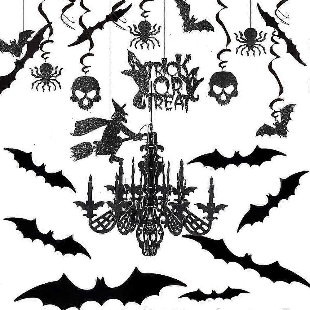 42Pcs Trick or Treat Halloween Party Banner Spiral Bat Witch Skull Spider Spooky Ceiling Wall Hanging Card Decoration Prop Set