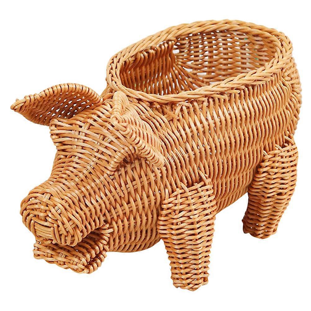Pig Shape Fruit Basket Imitation Rattan for Storage 2Pcs Set