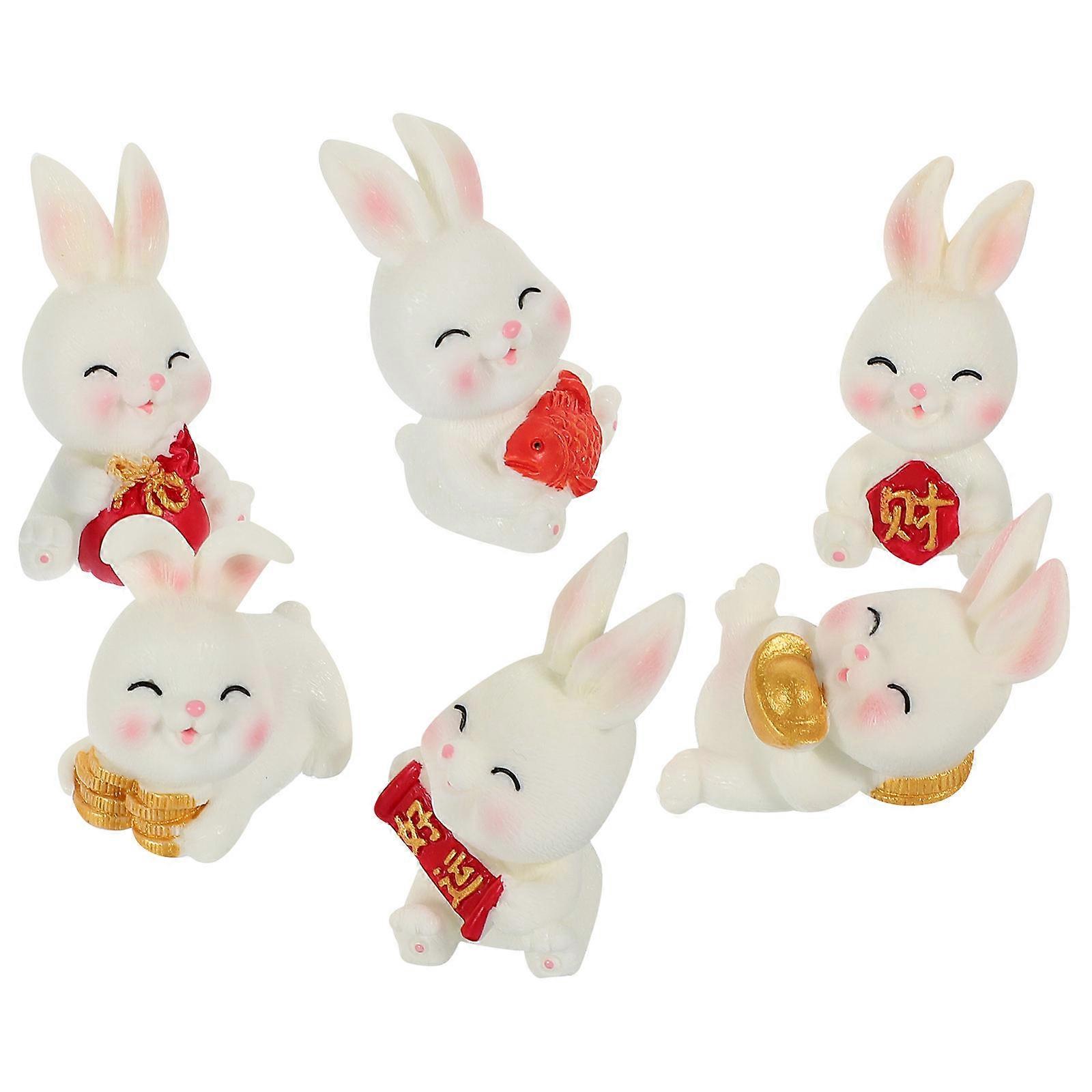 Miniature Rabbit 6Pcs Cupcake Toppers for Birthday Party Crafted from White Resin