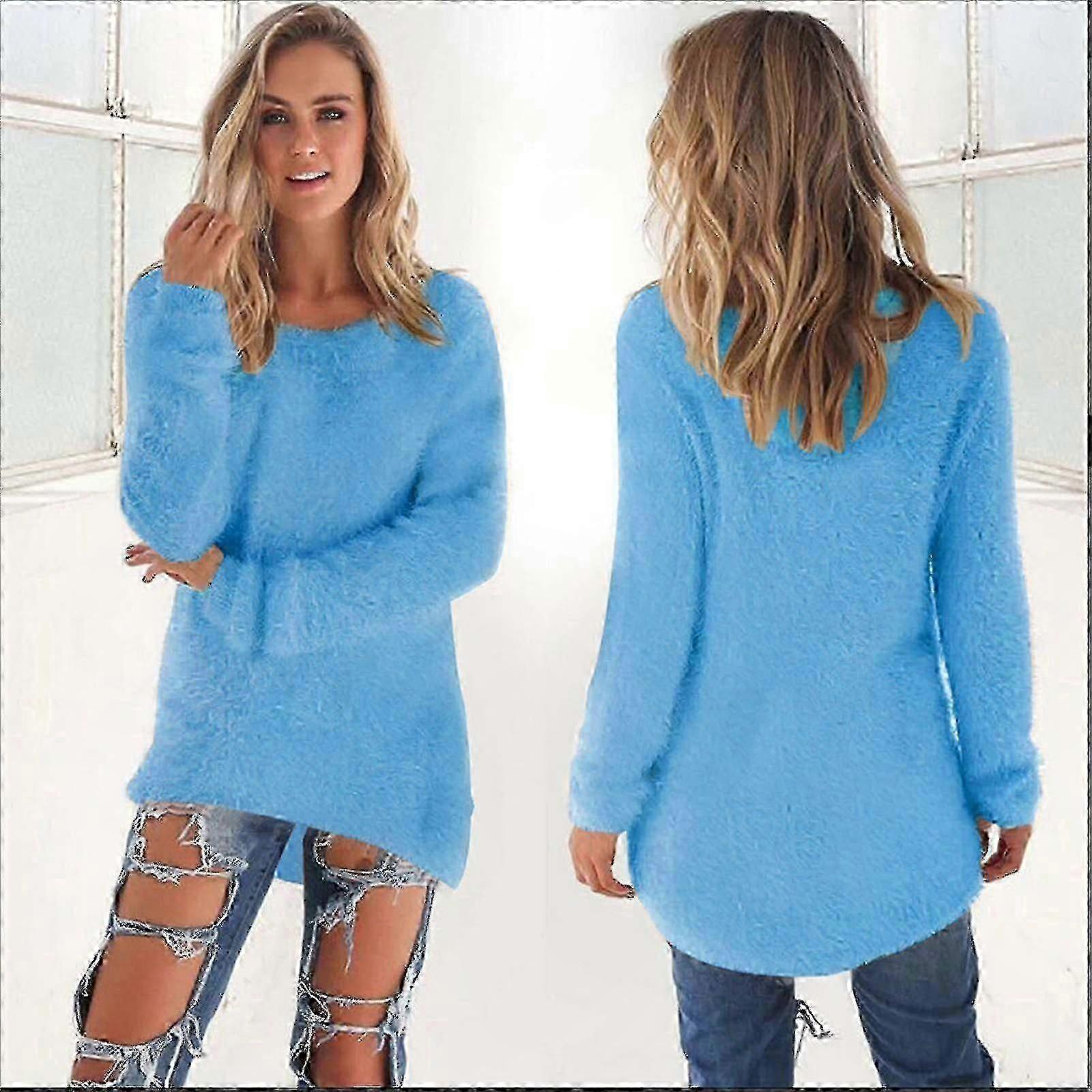 Flauschiger Langarmpullover für Damen, solides Tunika-Oberteil, lässiger Strickpullover
