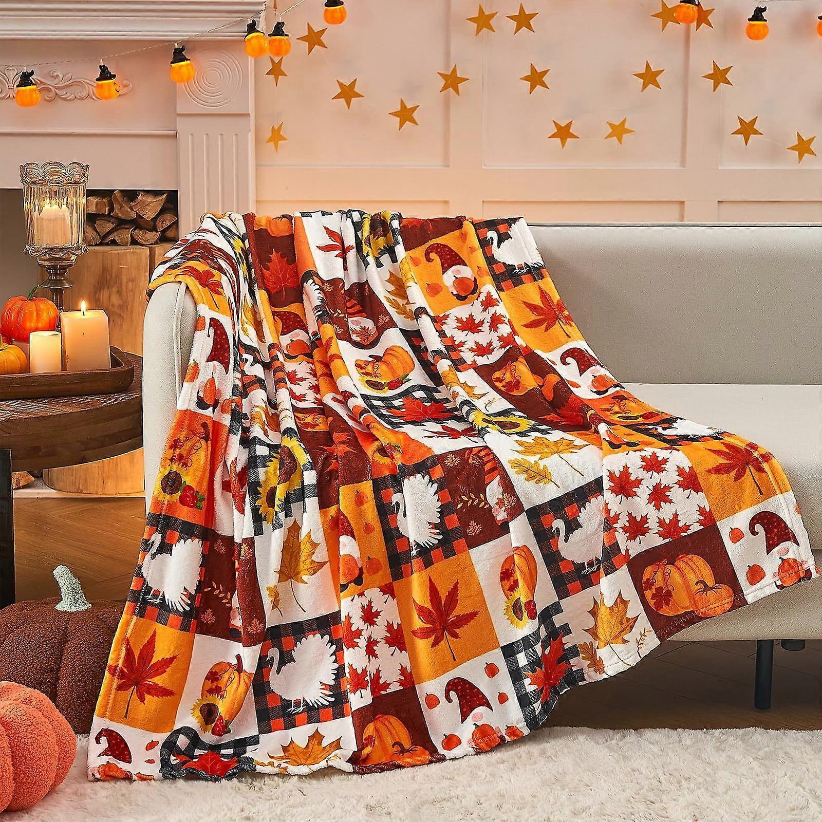 Fleece Throw Blanket Plush Fuzzy Lightweight, Happy Fall Pumpkins Maples Leaves Cozy Bedding, Ultra Soft Autumn & Halloween Flannel Blanket for Couch