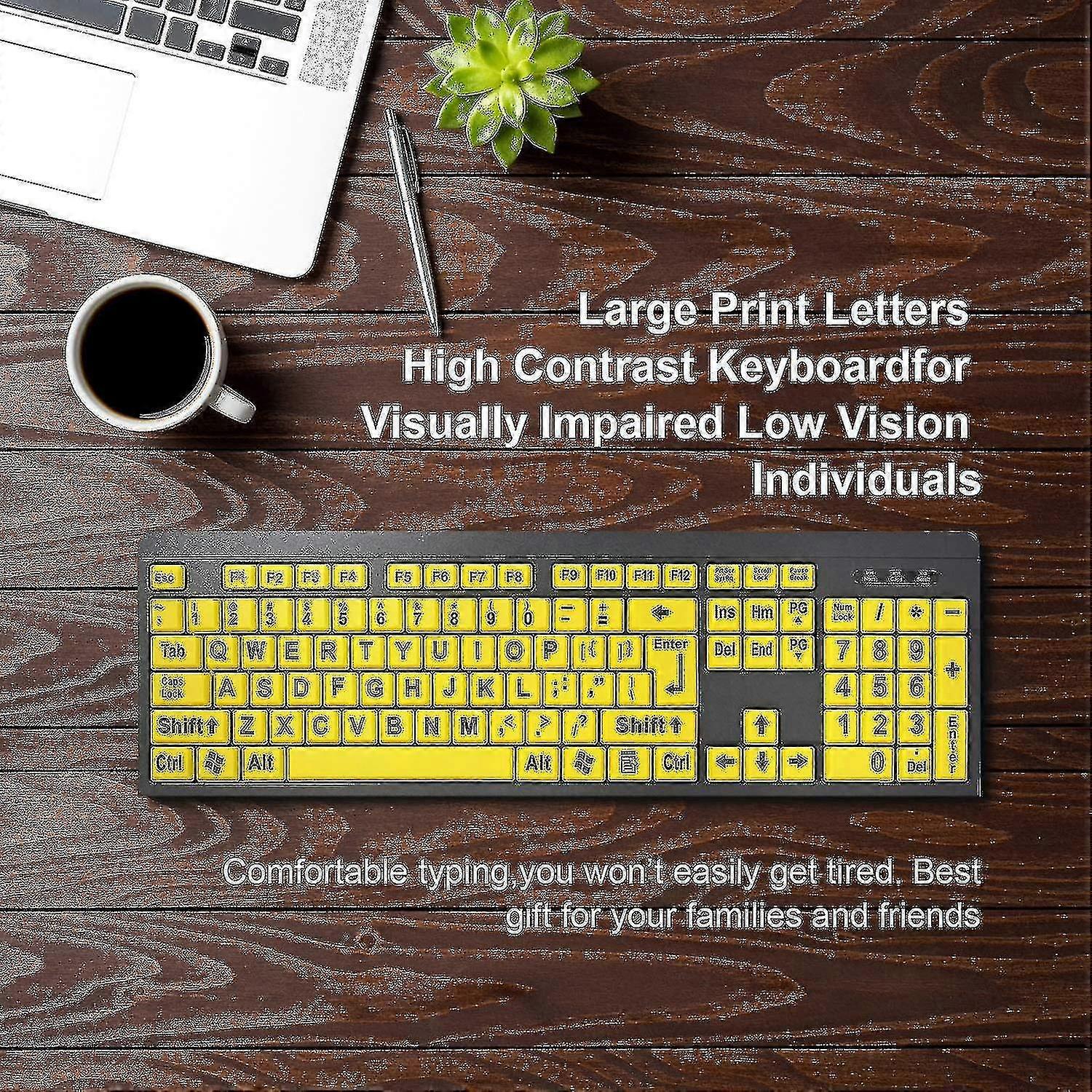 2025 Large Print Computer Keyboard, Wired Usb High Contrast Keyboard With Oversized Print Letters For Visually Impaired Low Vision Individuals (yellow