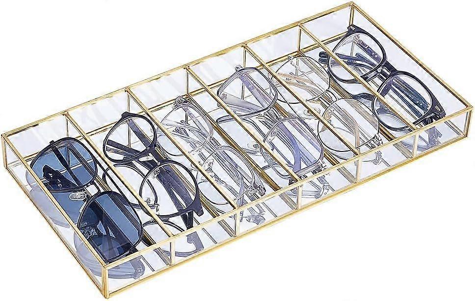 Eyeglass Storage Display Case 6 Grids Rectangle Glass Sunglass Organizer Case Golden Multiple Eyeglass Display Holder for Glasses Storage Jewelry Watc