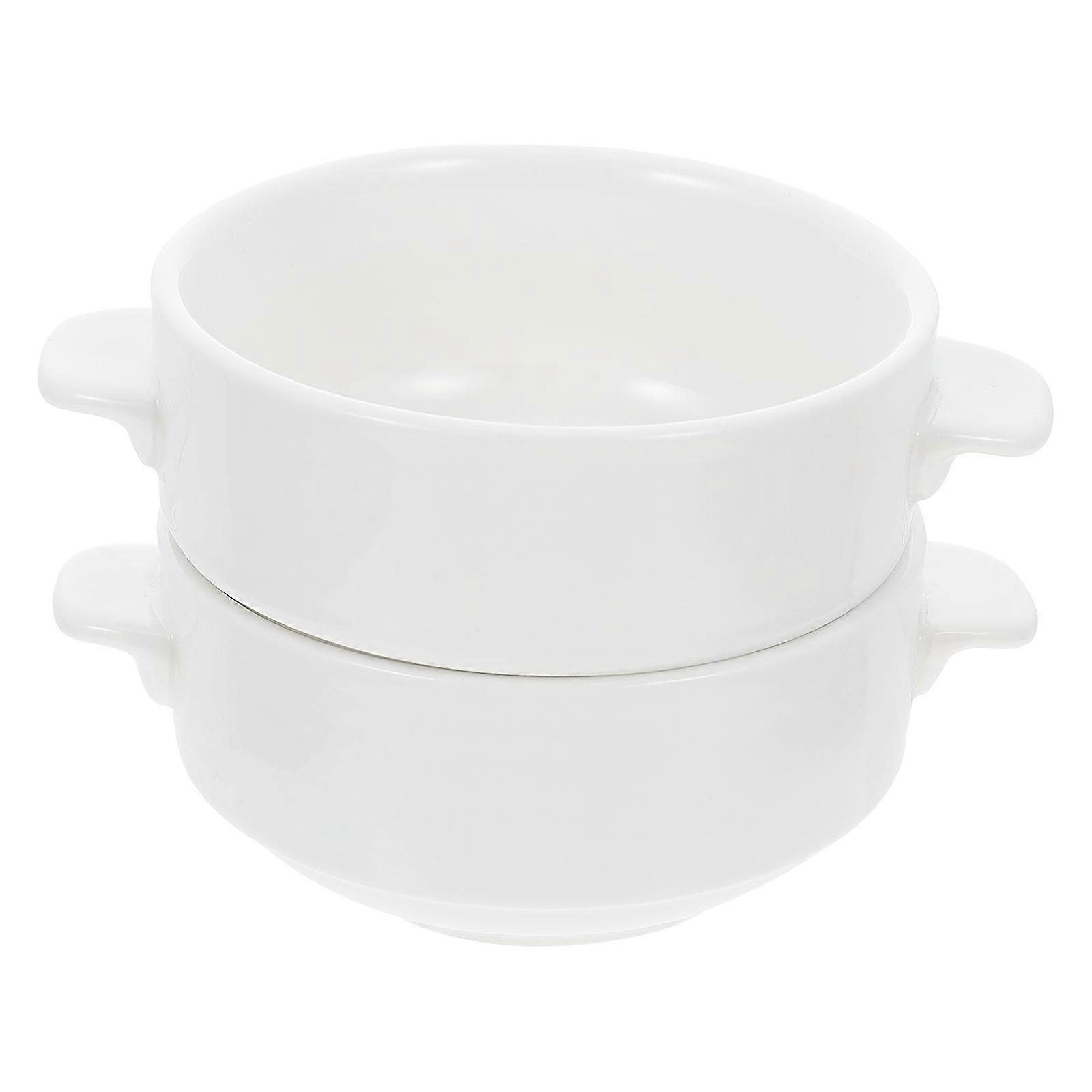 2Pcs Ceramic Bowl for Soup Serving with Handle White Multipurpose Bowls