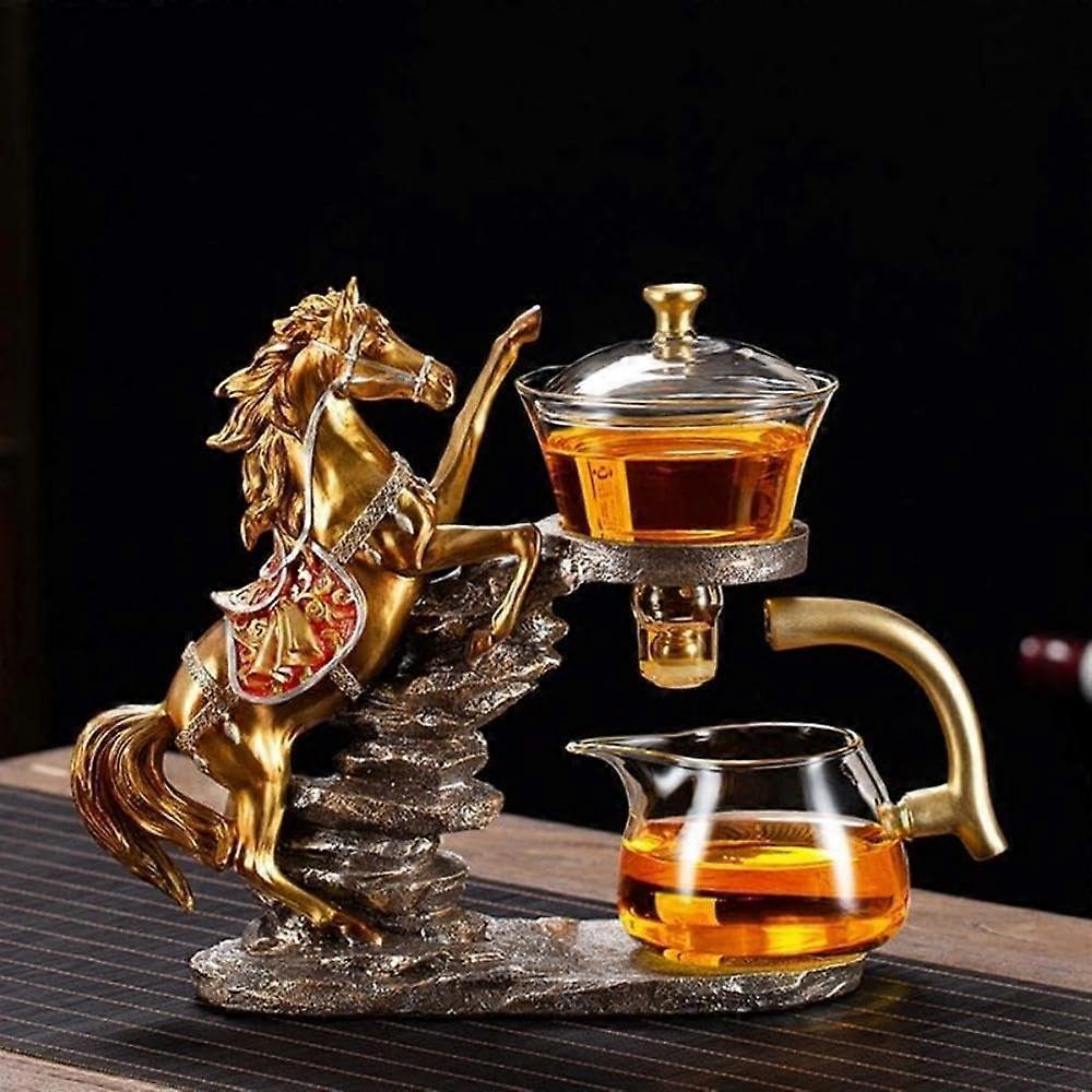 Glass Kungfu Teapot Set with Infuser, Semi Automatic Tea Maker with 6 Cups, Golden Red Horse