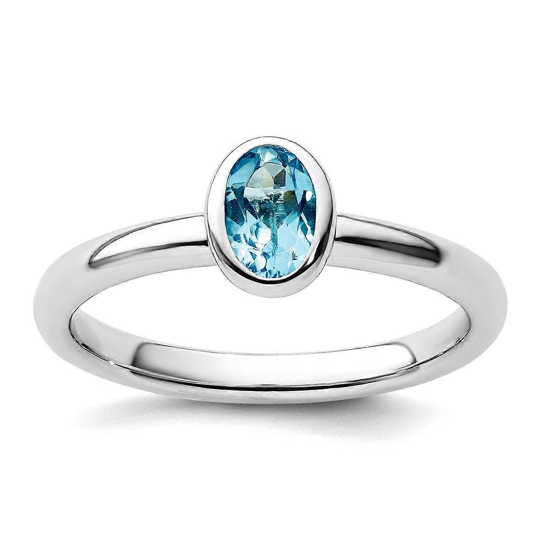 925 Sterling Silver Bezel Polished Stackable Oval Blue Topaz Ring Stackable Ring for Women - Ring Size: 5 to 10