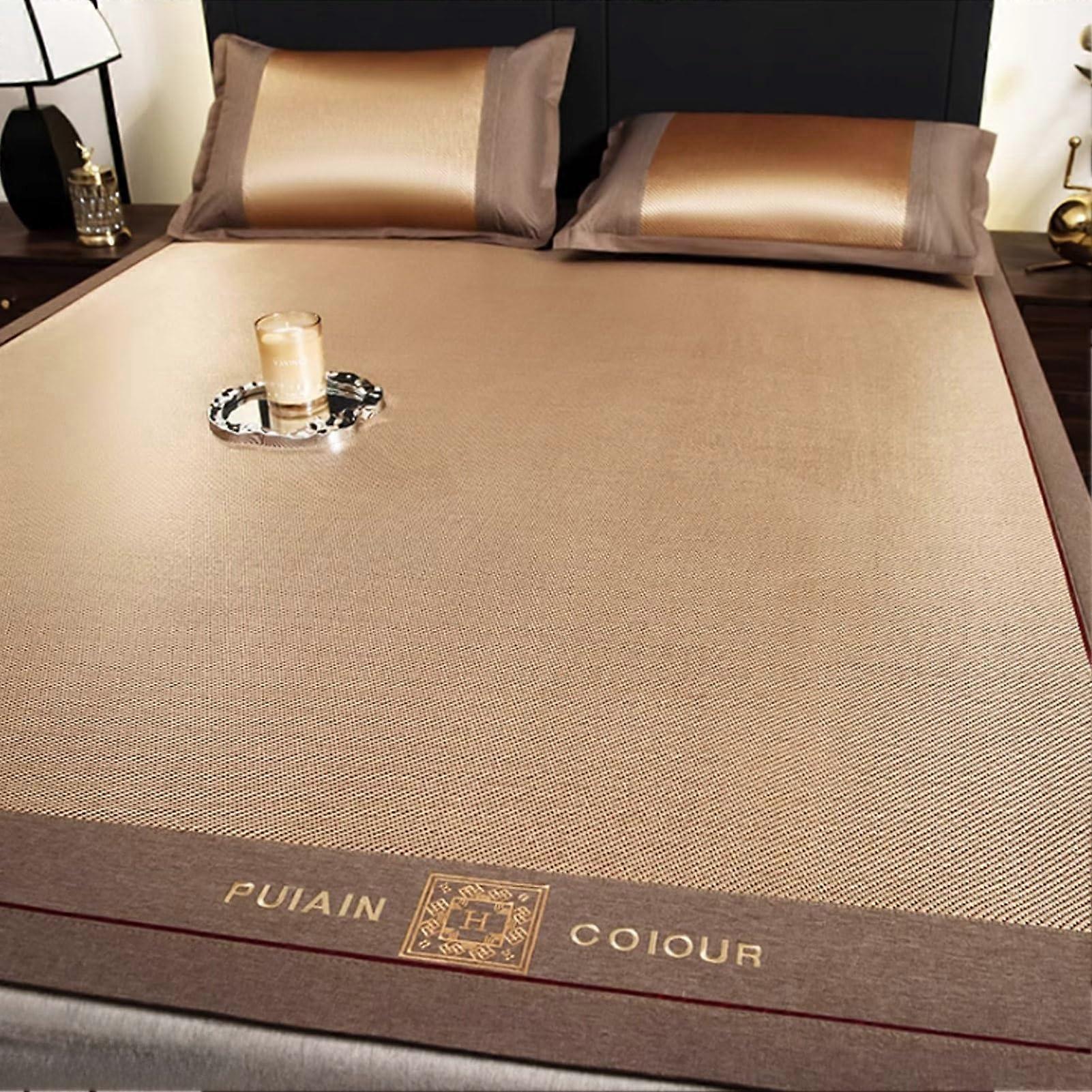 Cooling Mattress Topper with Cooling Bamboo Surface, Breathable Foldable Rattan Sleeping Mat Brown 180x200cm