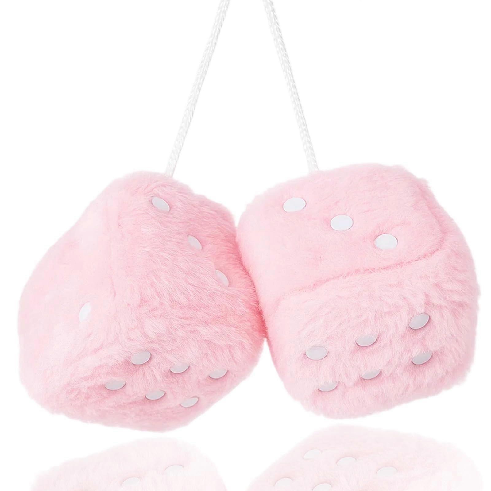Pink Fuzzy Dice for Car Mirror – Soft Plush Retro Style Accessory, Vibrant and Fade Resistant