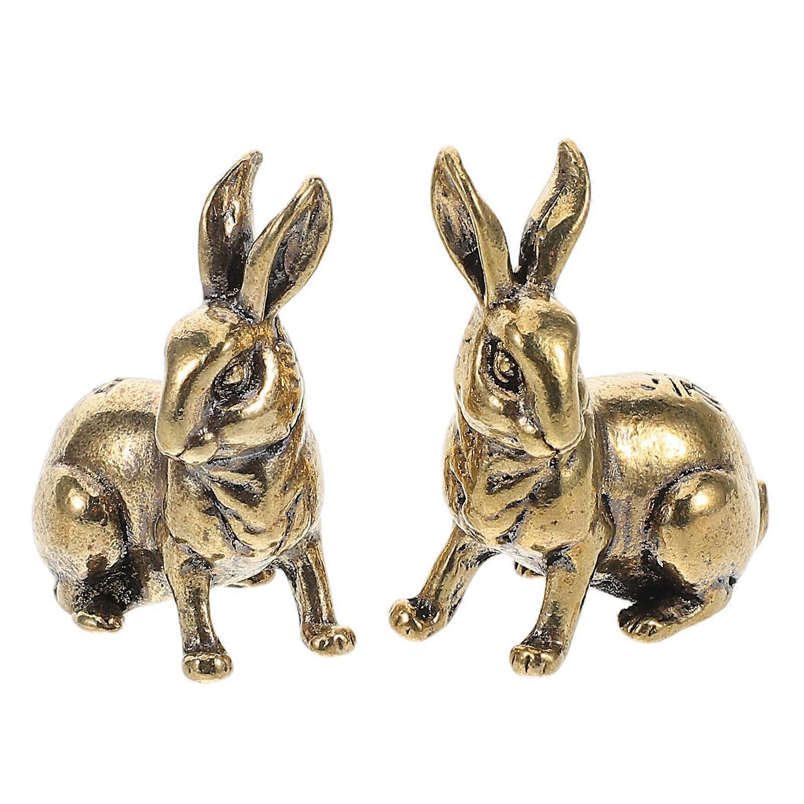 Vintage Solid Brass Rabbit Statue for Home Decor 2Pcs Golden Bunny Figurines