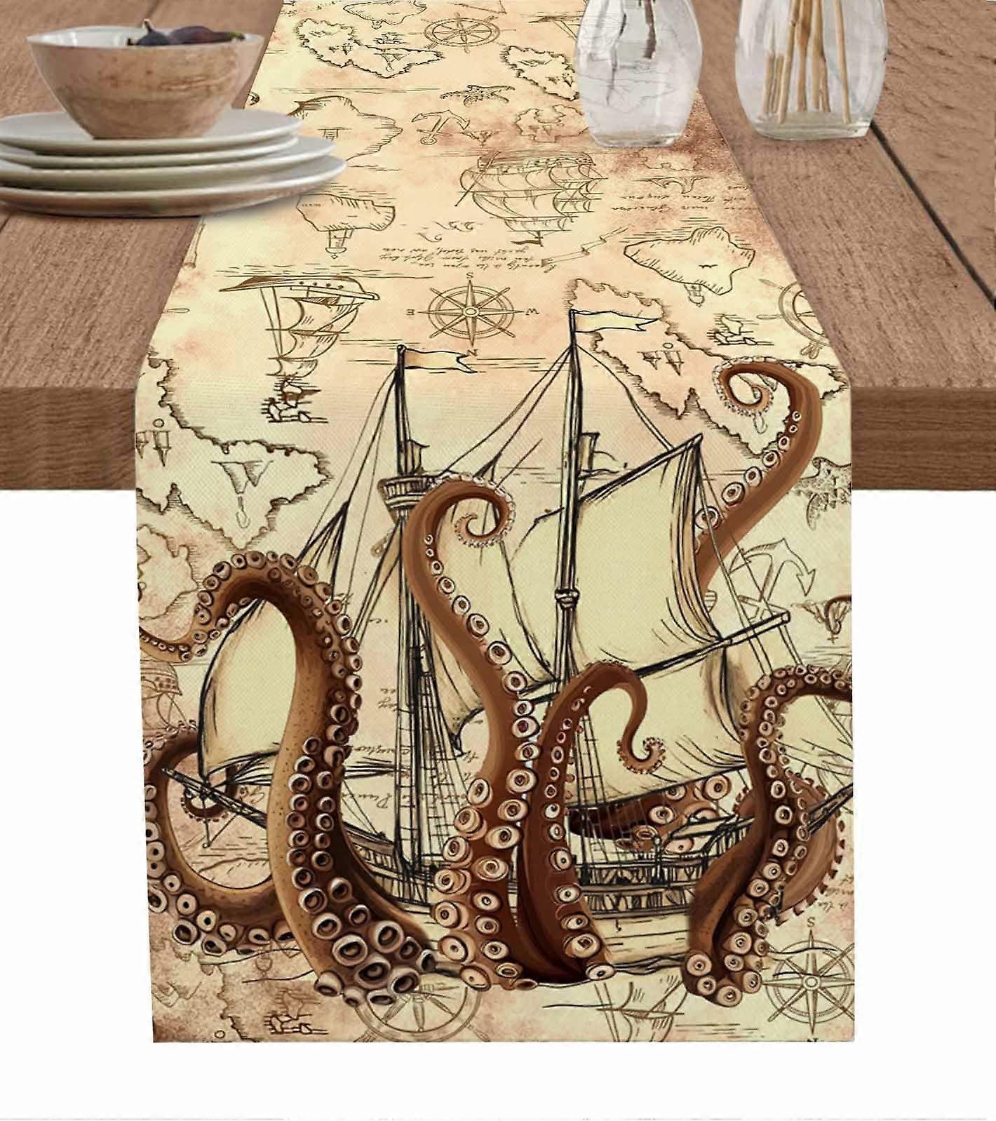 Cotton Linen Nautical Table Runner 13 x 48 with Vibrant Coastal Print for Dining Table Decor