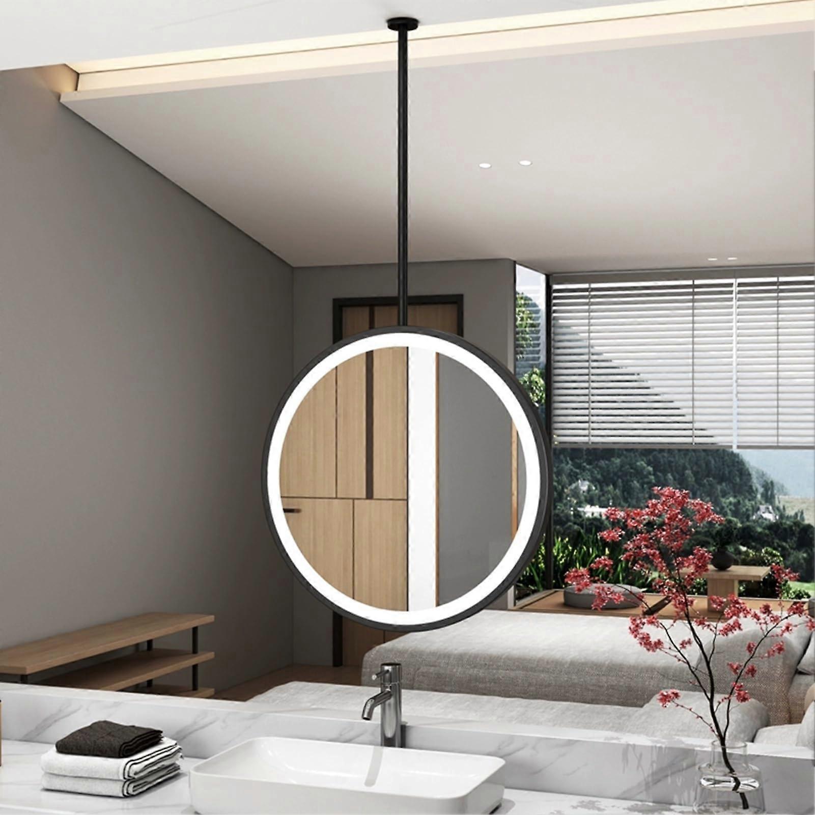 LED Bathroom Mirror Ceiling Mounted with Single Rod, Touch Dimming 3Color Light, 70cm Round