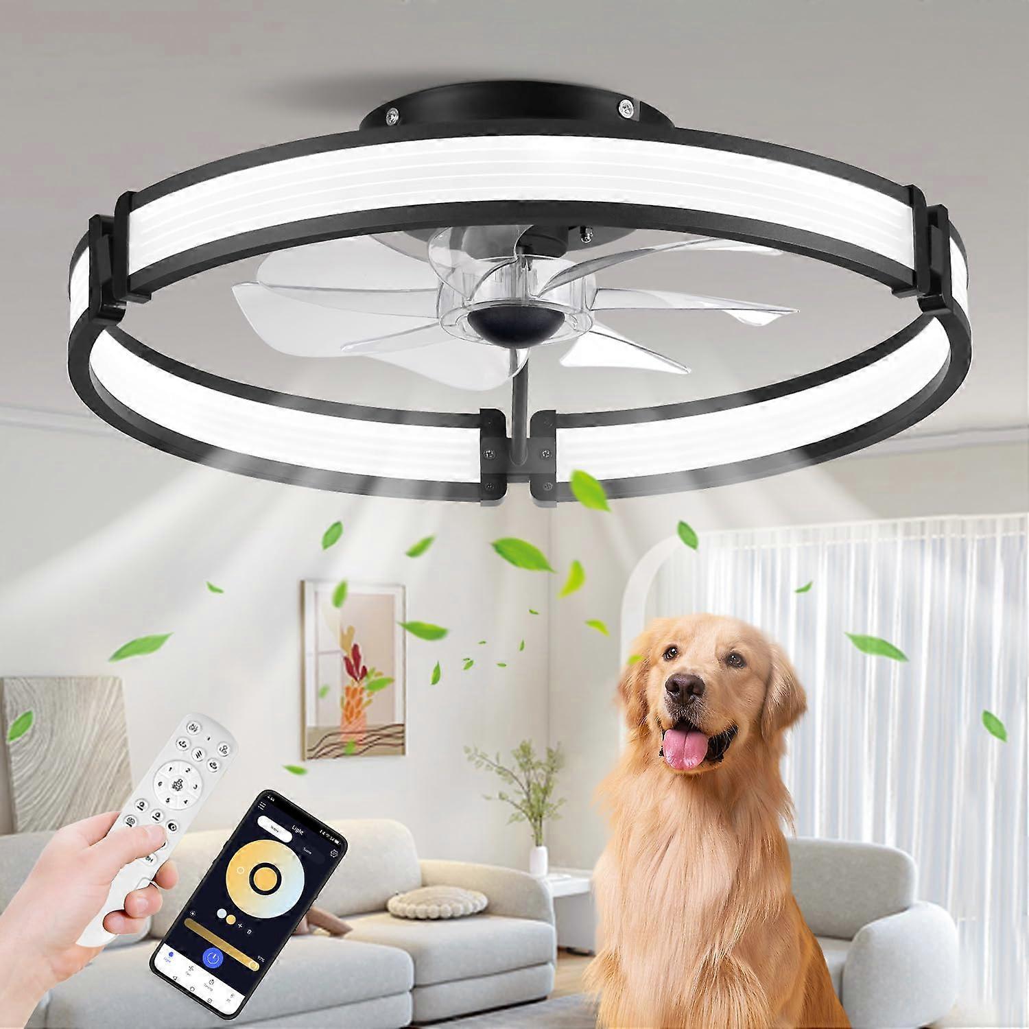 Low Profile Smart Ceiling Fan with Light and Remote, Modern Flush Mount, 6Speed Reversible DC Motor, Dimmable 3Color LED for Bedroom, Black