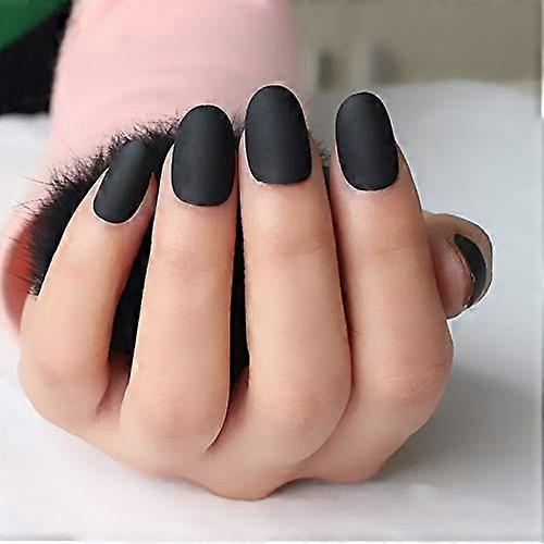 Matte Black Press On Nails Set 24Pcs Oval Acrylic False Nail Tips Short Round Head Full Coverage