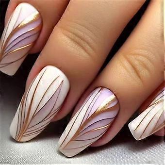 Matte Ballerina Press On Nails Set with Gold Line Design, Short Coffin Fake Nails for Women