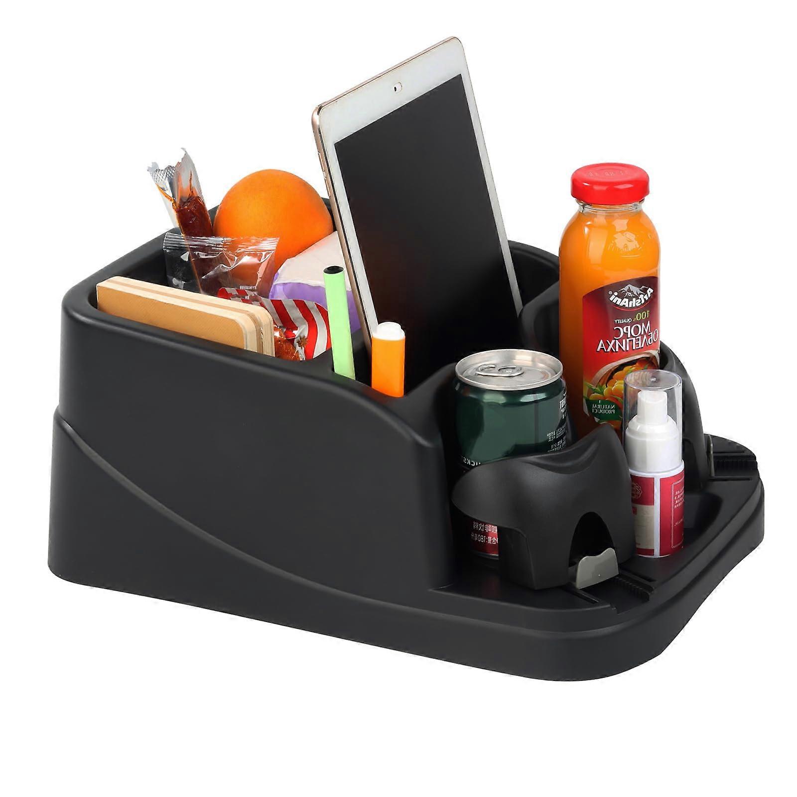 Universal Car Center Console Organizer with Multiple Compartments and Adjustable Cup Holders Black