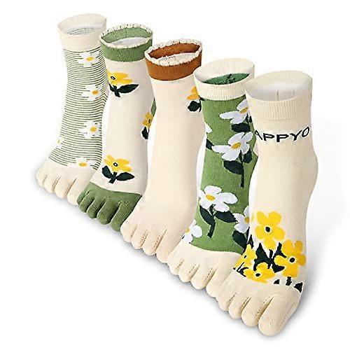 Women's Autumn Winter Mid-Calf Five-Toe Printed Socks, Soft Cotton  5-Pack