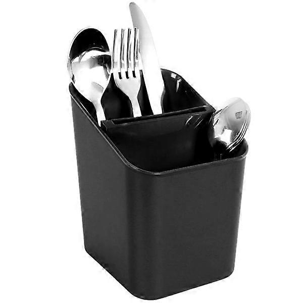 Black plastic container with two compartments for cutlery storage