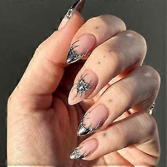 Almond Press On Nails Medium Length Silver Heart French Tips Glossy Acrylic False Nails 24pcs