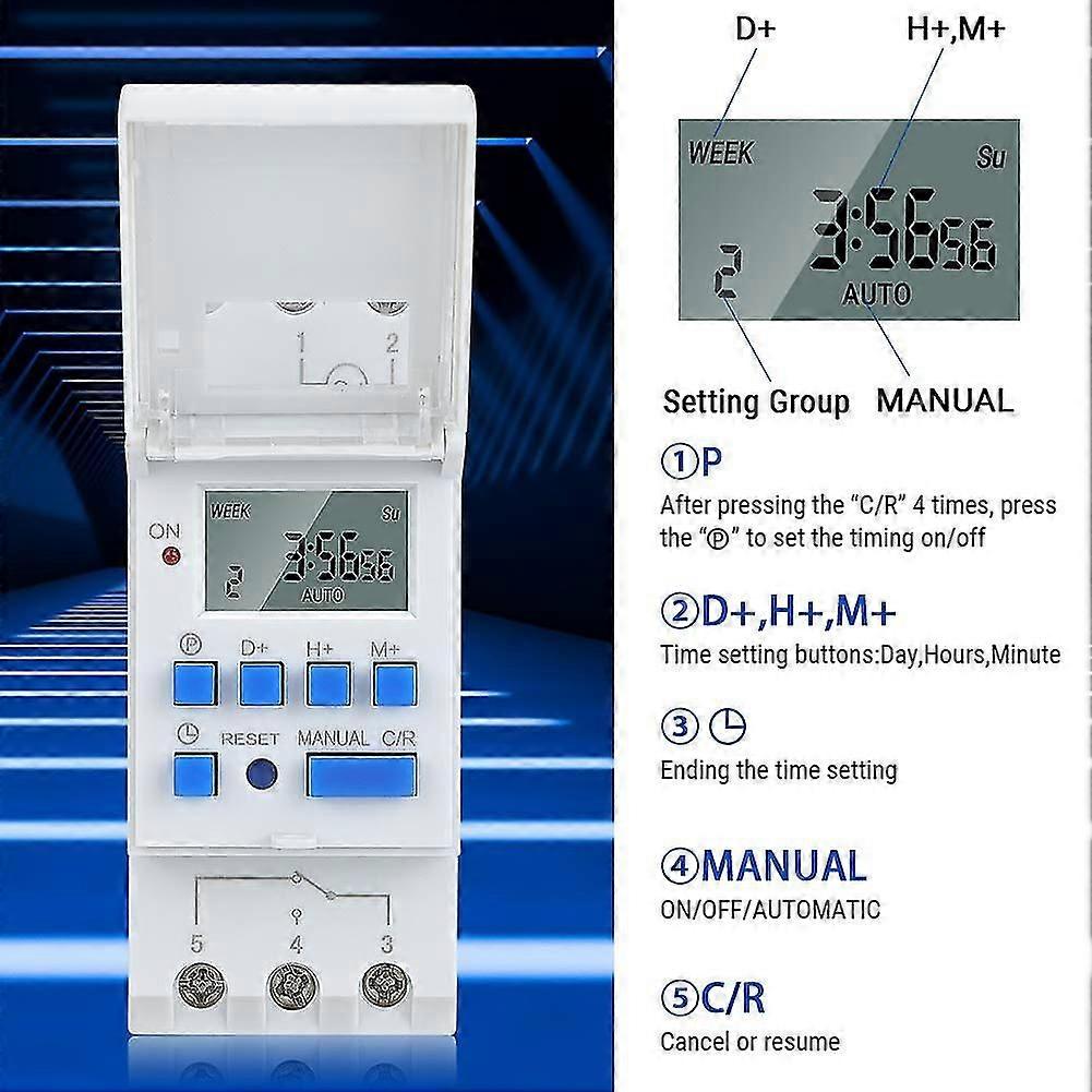Timerrelä, Ac 220v Rail Monterad timer, Digital Lcd Display Programmerbar industriell timer, 16 bytesgrupper för elektronisk Tim