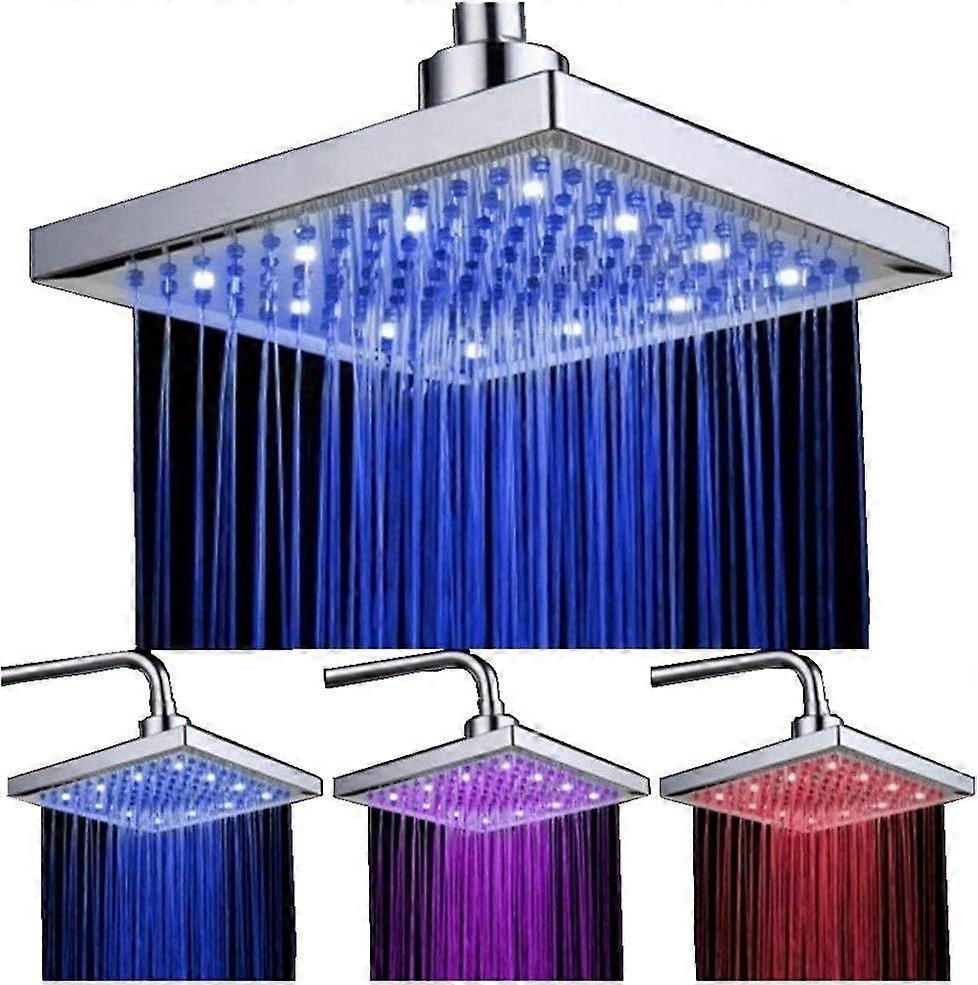 LED shower head square 20cm temperature controlled 3 colour variable water flow powered overhead shower head