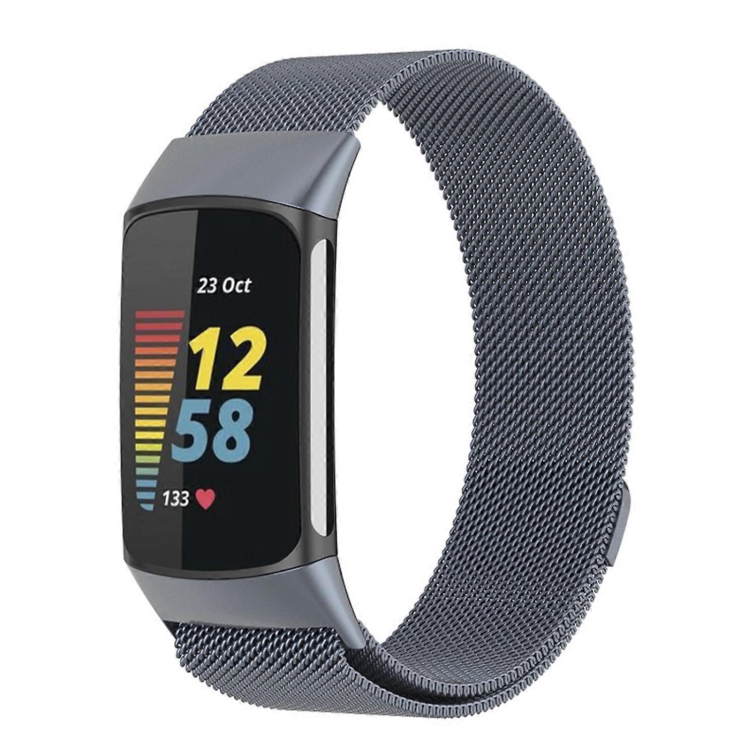 For Fitbit Charge 6 / 5 Metal Steel Mesh Wristband with Magnetic Clasp Grey