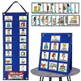 2-in-1 Kids Visual Schedule Calendar with 70 Cards, Blue Plush Board, Daily Routine Chart for Autism, Home and Classroom Use