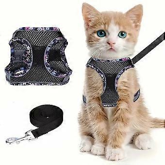 DH010Colete macio e ajustável para gatos com arnês de segurança e conjunto de prevenção de fugas, colete confortável para uso externo com tecido respirável e