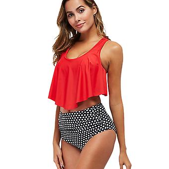Veeki Swimsuits for Women Two Piece Bahting Suits Double Ruffled Swim Top High Waisted Bottoms Swimswear Bikini, Red, XL