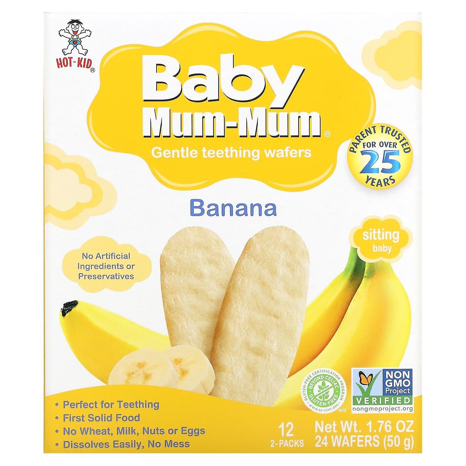 Hot Kid, Baby Mum-Mum, Delikatne ząbkowanie opłatków, Banan, 12 paczek, po 2 wafle